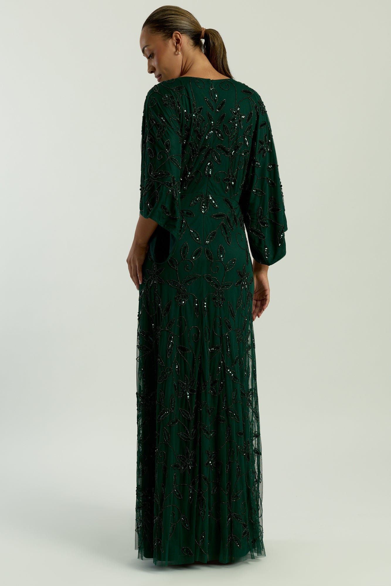 Aiya Rainforest Green Embellished Maxi Dress with Batwing Sleeves