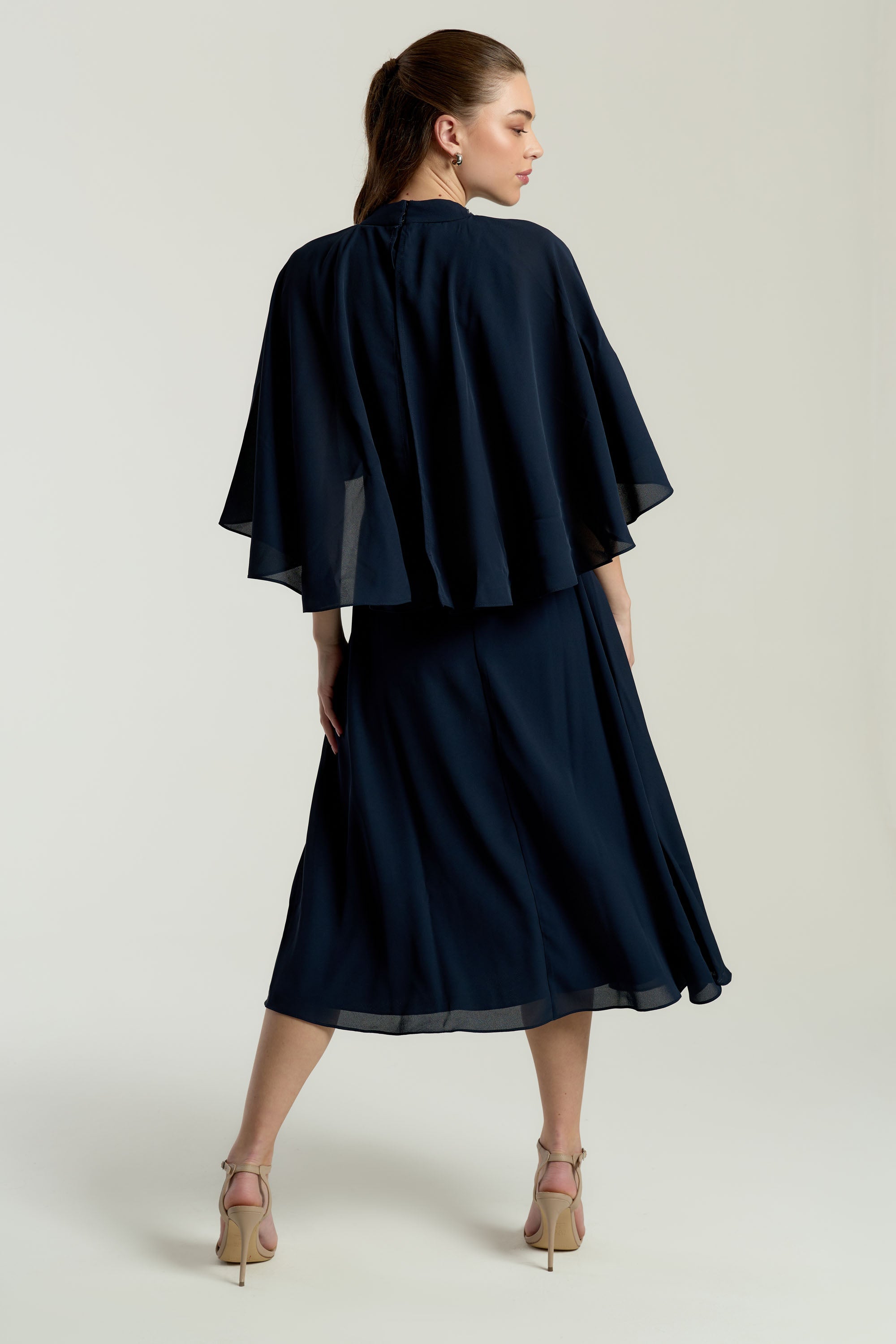 Alani Navy Embellished Cape Sleeve Midi Dress