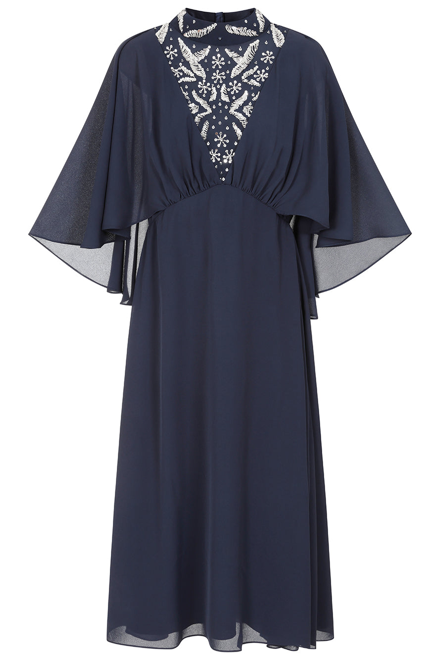Alani Navy Embellished Cape Sleeve Midi Dress