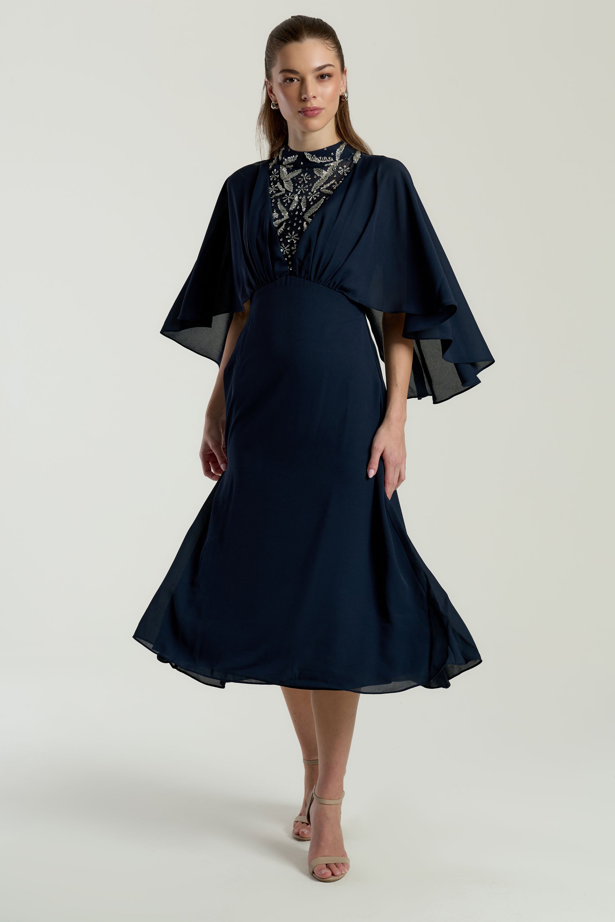 Alani Navy Embellished Cape Sleeve Midi Dress