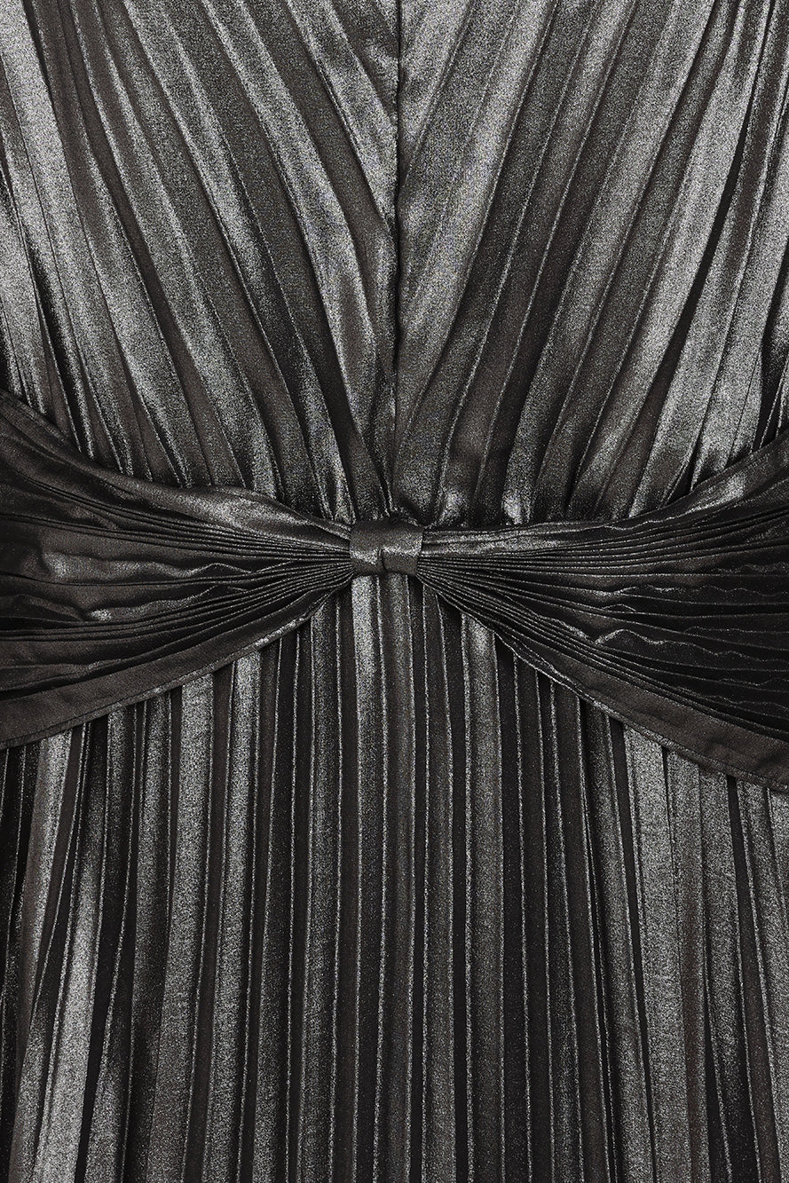 Alberta metallic charcoal pleated maxi dress with V neckline, blouson sleeves and waist twist detail designed for elegant evening and occasion wear styling