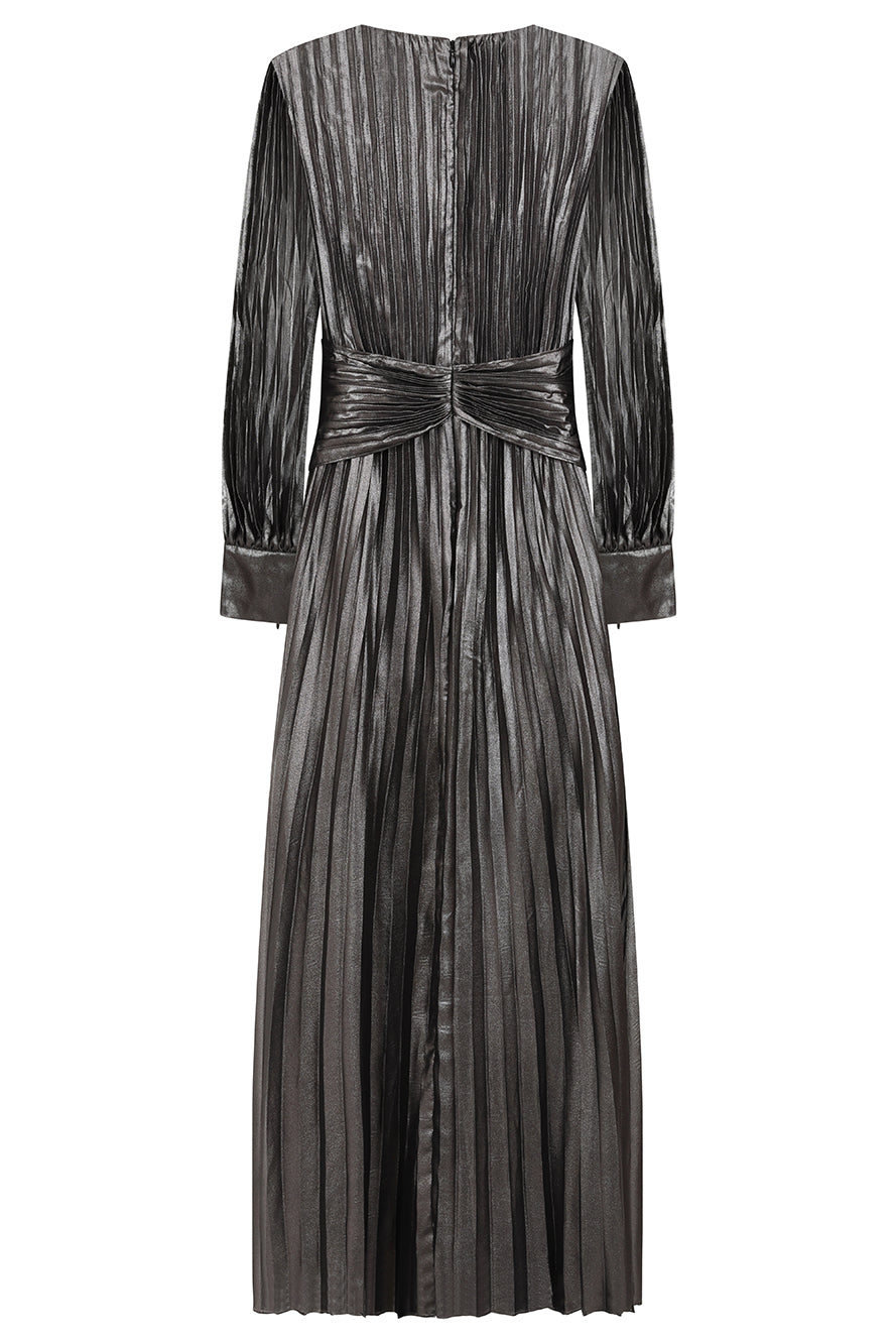 Alberta metallic charcoal pleated maxi dress with V neckline, blouson sleeves and waist twist detail designed for elegant evening and occasion wear styling