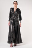 Alberta metallic charcoal pleated maxi dress with V neckline, blouson sleeves and waist twist detail designed for elegant evening and occasion wear styling