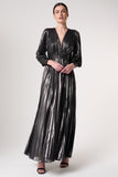 Alberta metallic charcoal pleated maxi dress with V neckline, blouson sleeves and waist twist detail designed for elegant evening and occasion wear styling