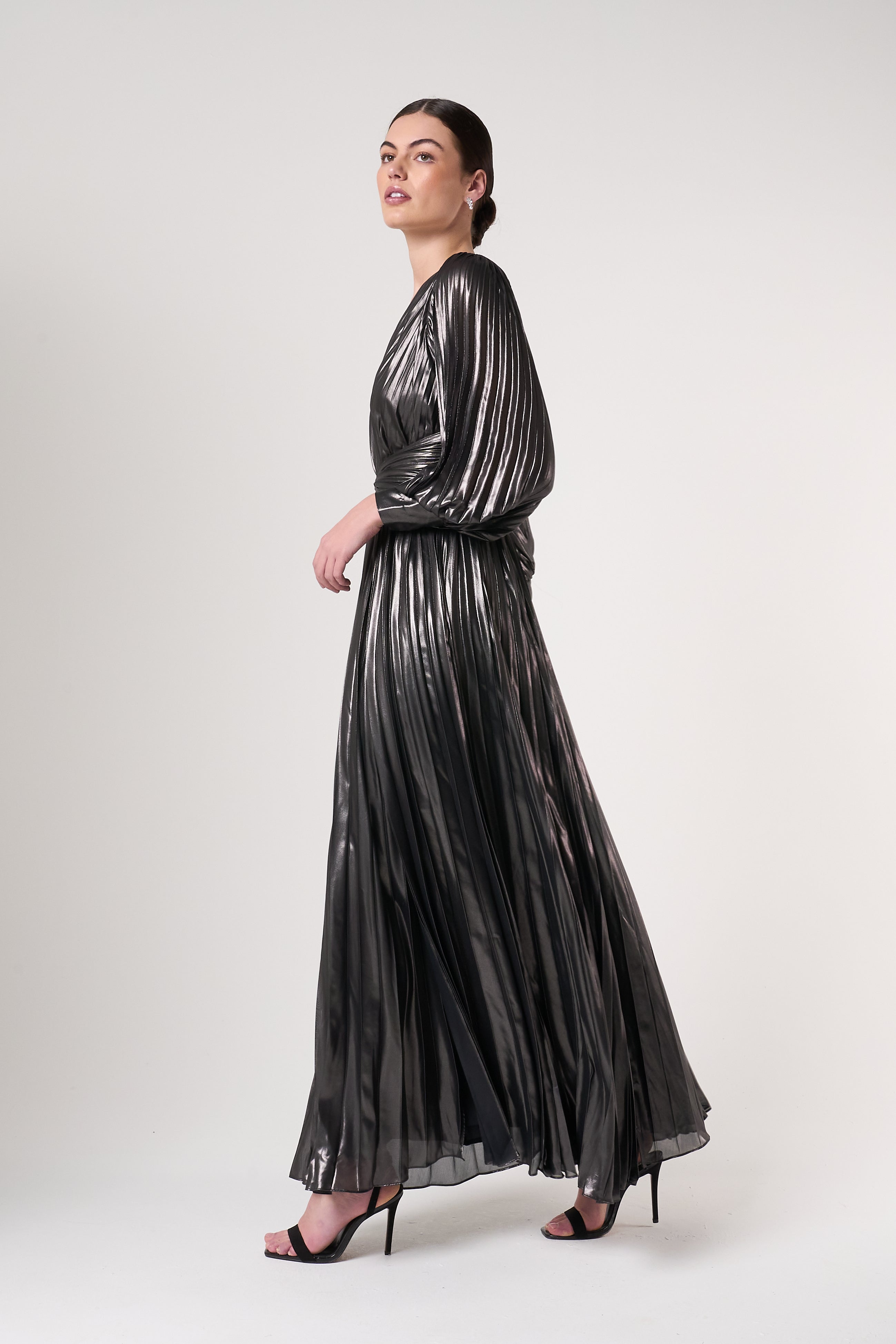 Alberta Metallic Charcoal Pleated Maxi Dress