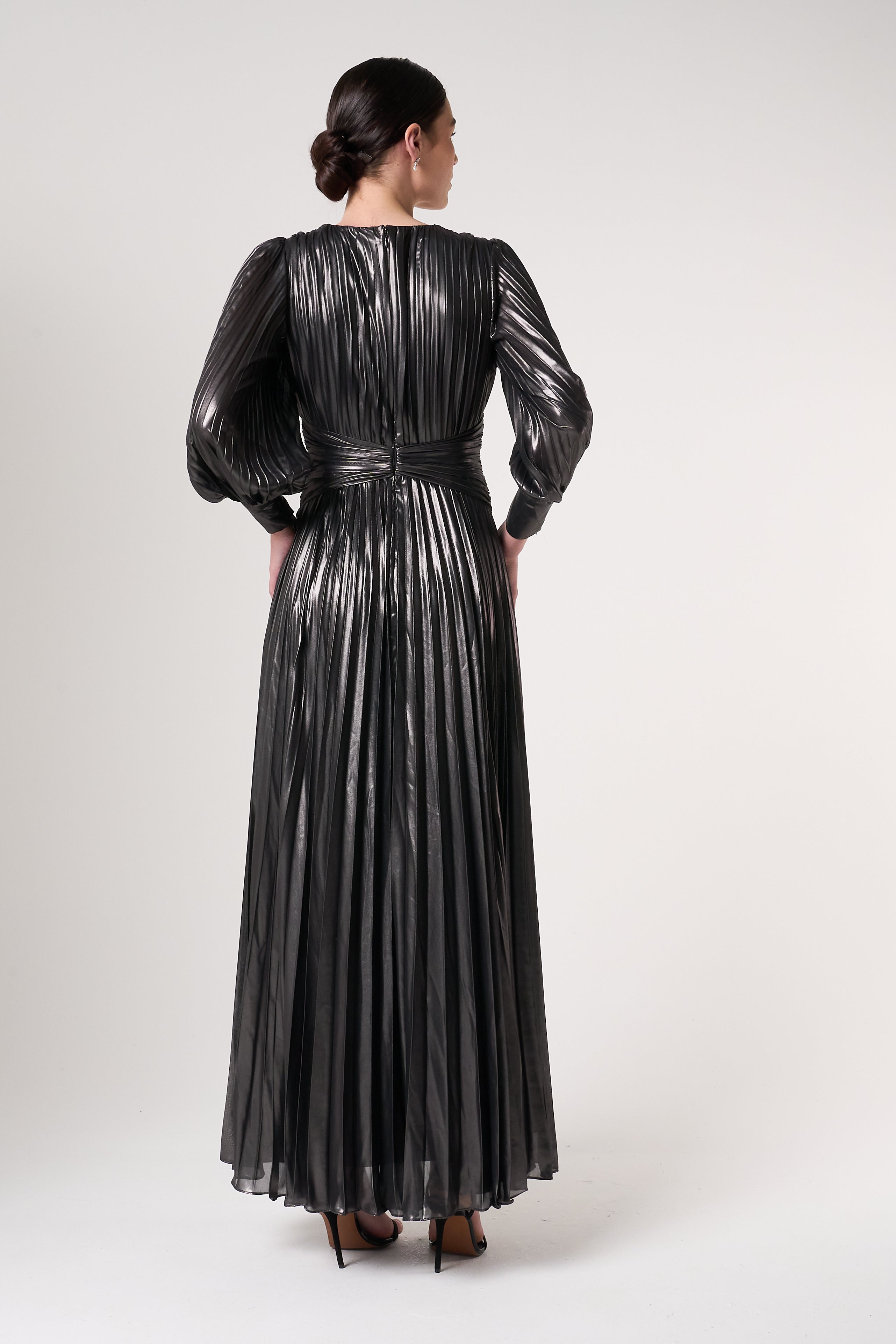 Alberta Metallic Charcoal Pleated Maxi Dress