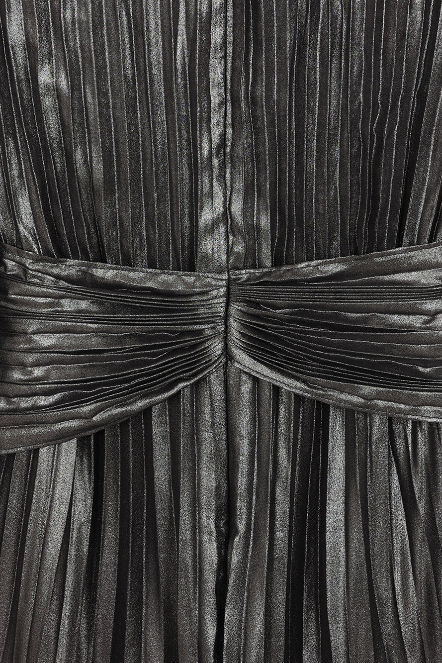 Alberta metallic charcoal pleated maxi dress with V neckline, blouson sleeves and waist twist detail designed for elegant evening and occasion wear styling