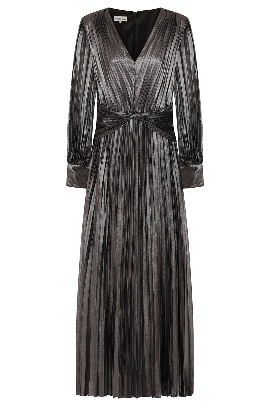 Alberta metallic charcoal pleated maxi dress with V neckline, blouson sleeves and waist twist detail designed for elegant evening and occasion wear styling