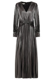 Alberta metallic charcoal pleated maxi dress with V neckline, blouson sleeves and waist twist detail designed for elegant evening and occasion wear styling