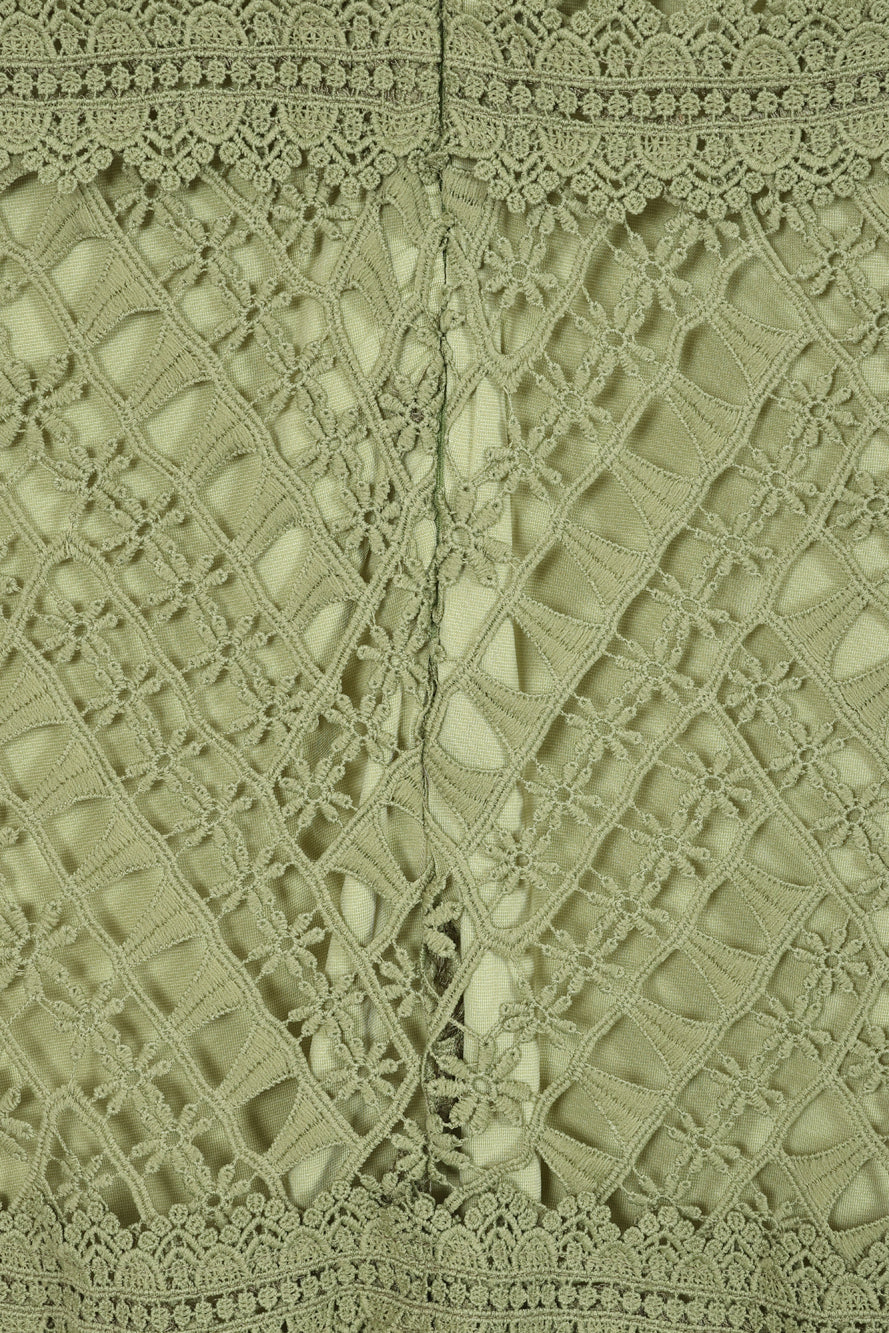 Alessia Green Crochet Lace Midi Dress by Frock and Frill, short sleeves, midi length, sage green dress for weddings and special occasions.