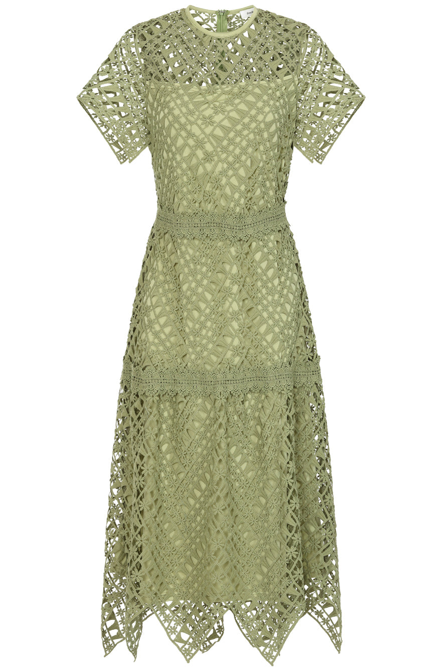 Alessia Green Crochet Lace Midi Dress by Frock and Frill, short sleeves, midi length, sage green dress for weddings and special occasions.