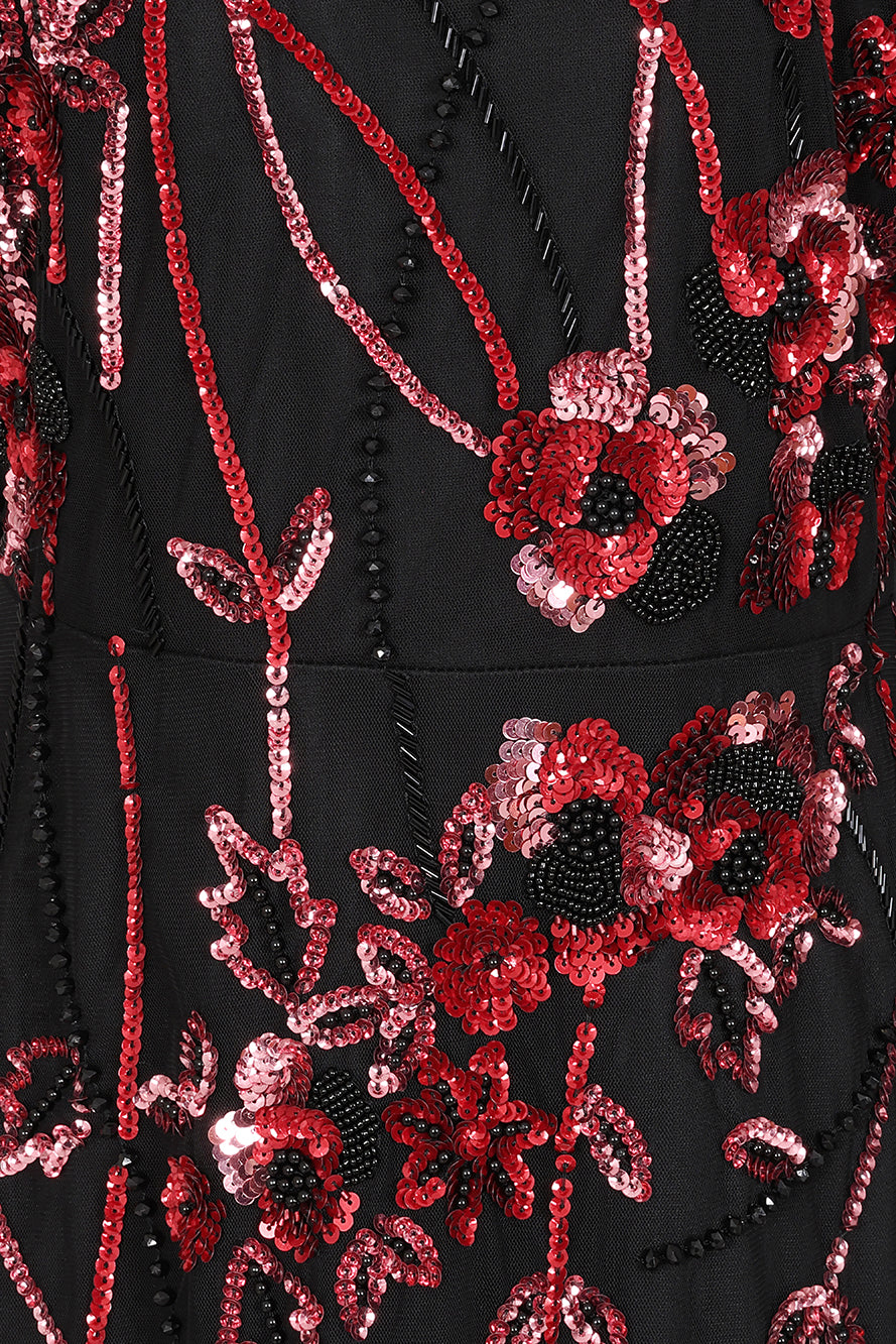Aliza black floral embellished maxi dress by Frock and Frill with pink and red floral detailing, sheer mesh overlay and ruffle accents for elegant occasion wear styling