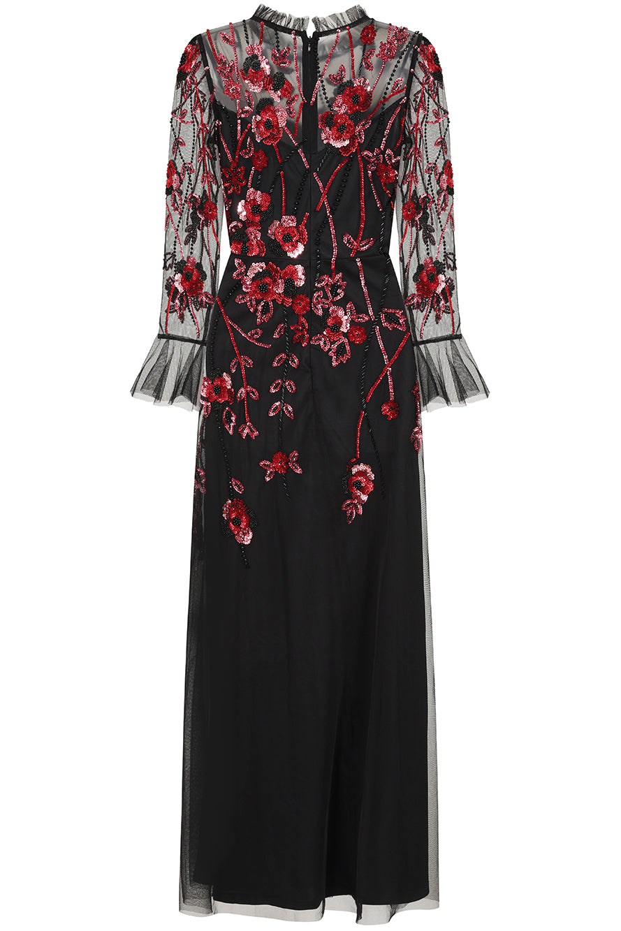 Aliza black floral embellished maxi dress by Frock and Frill with pink and red floral detailing, sheer mesh overlay and ruffle accents for elegant occasion wear styling