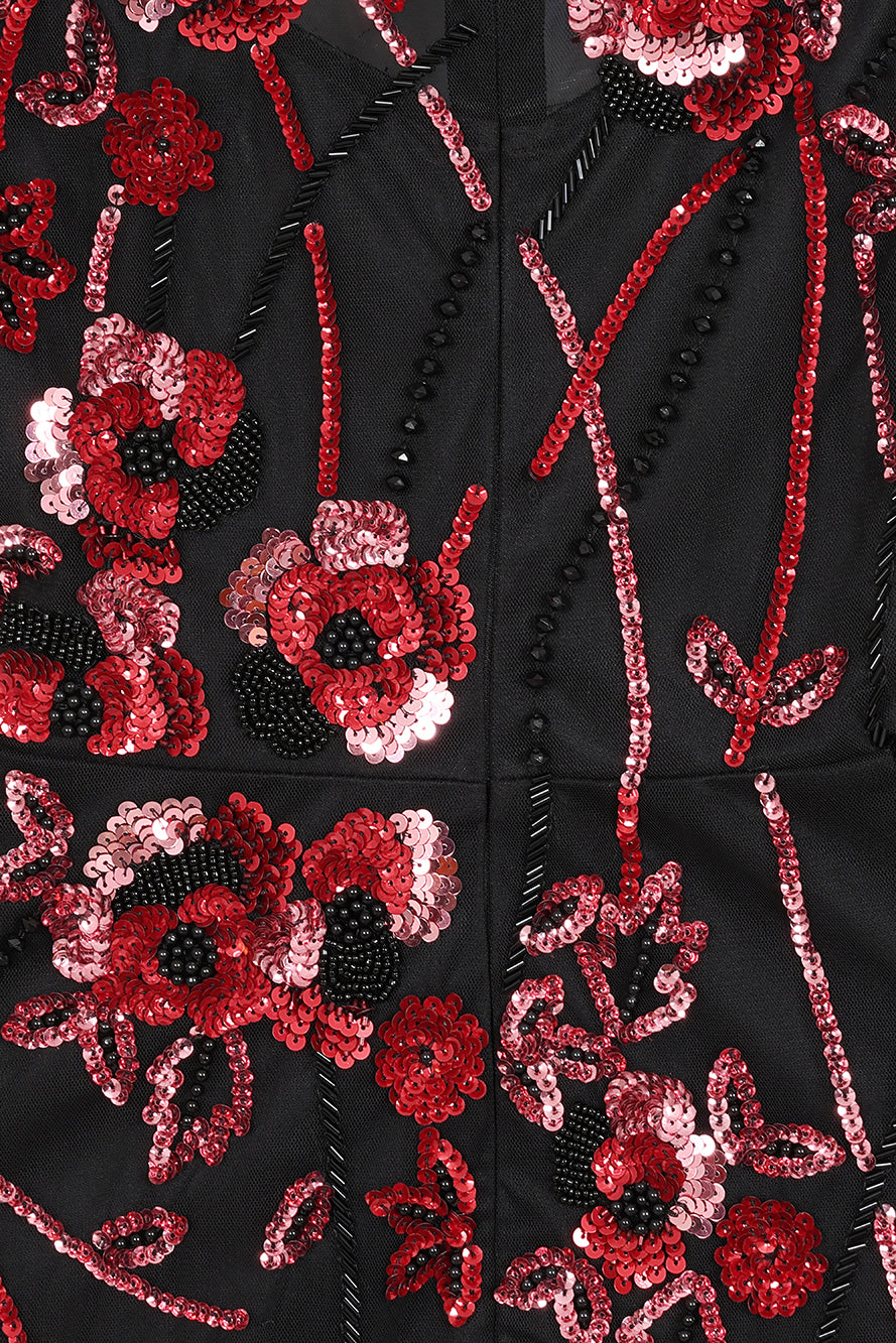 Aliza black floral embellished maxi dress by Frock and Frill with pink and red floral detailing, sheer mesh overlay and ruffle accents for elegant occasion wear styling