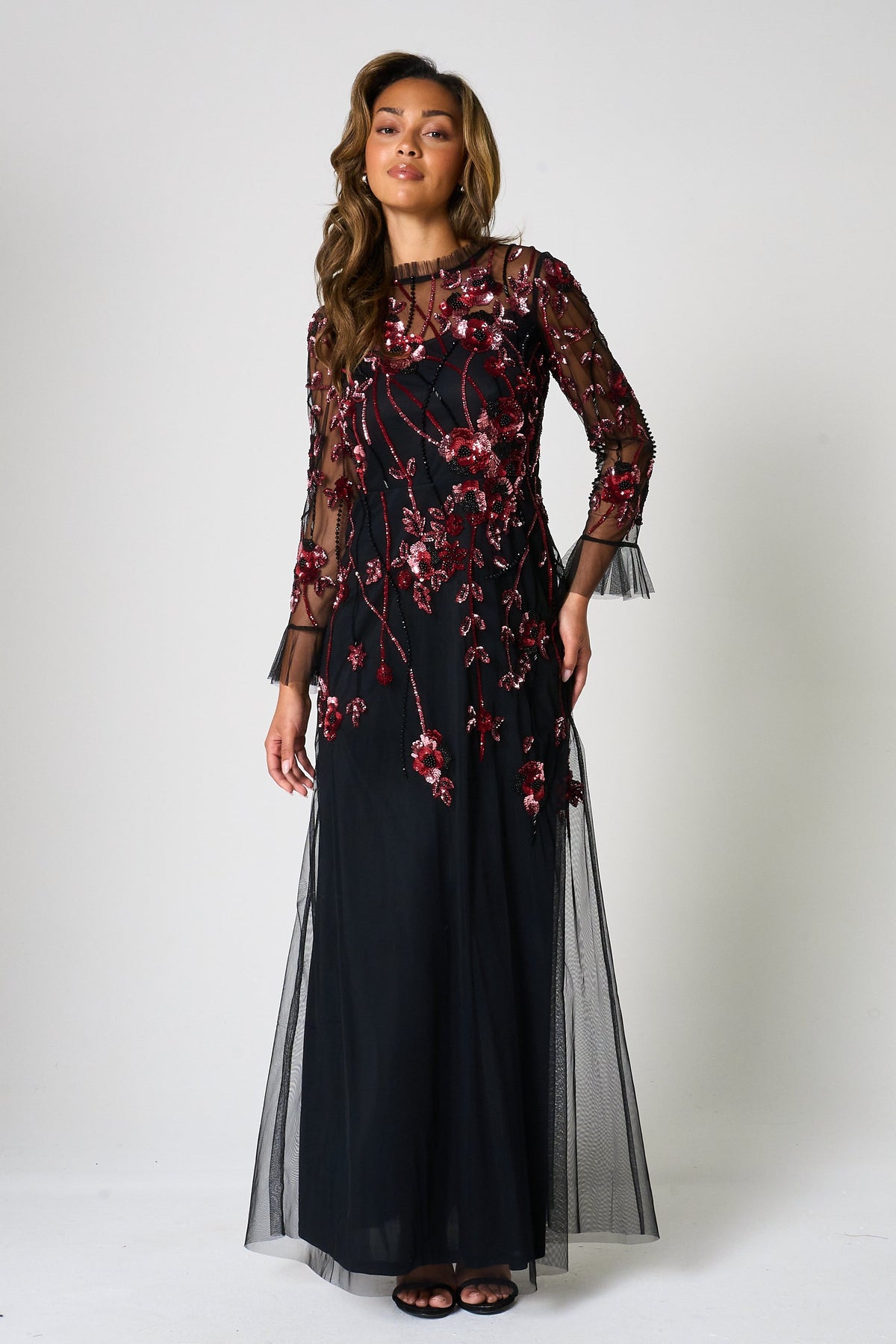 Aliza Black Floral Embellished Maxi Dress