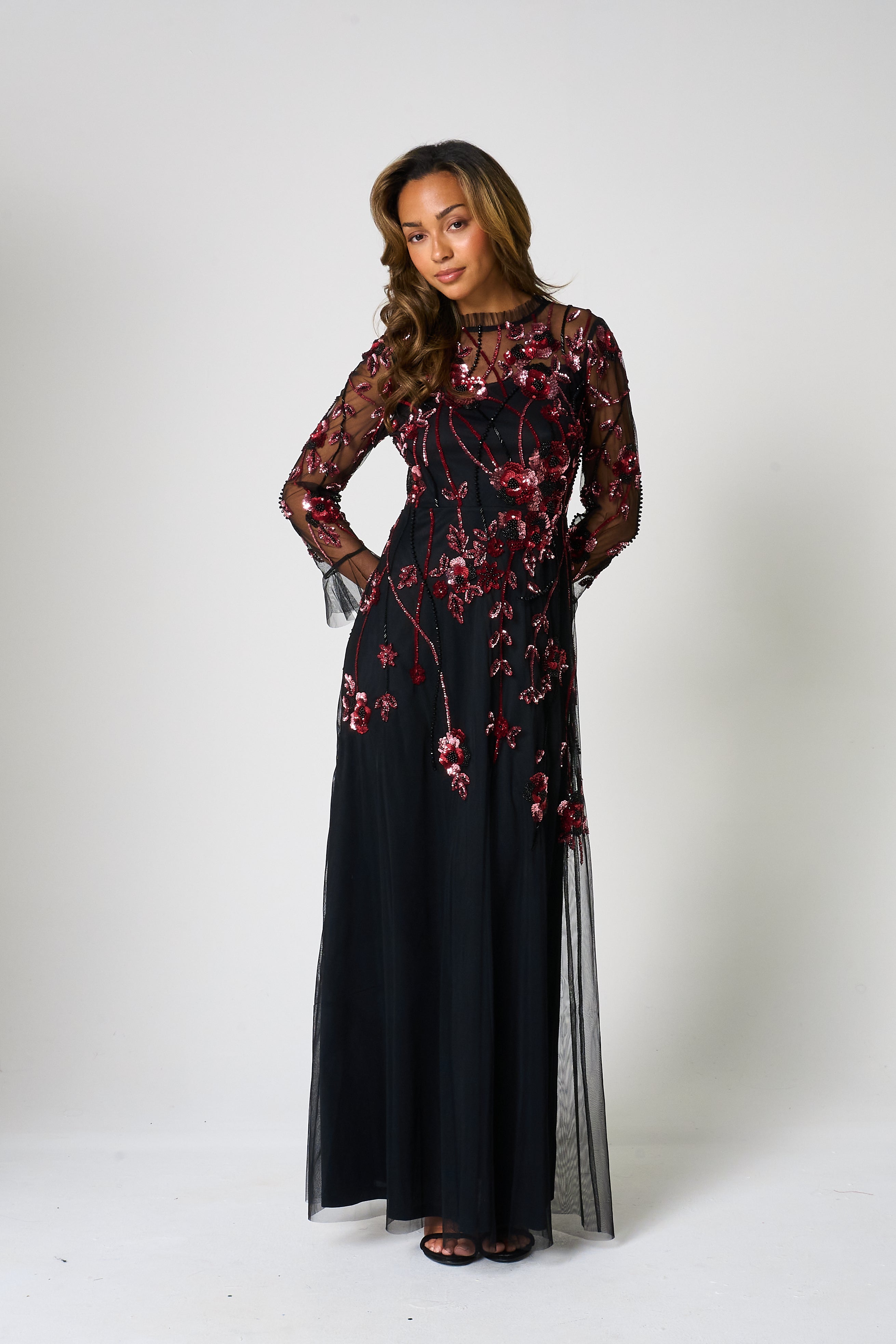 Aliza Black Floral Embellished Maxi Dress