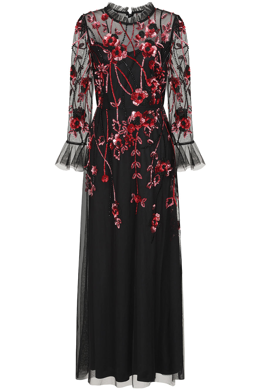 Aliza black floral embellished maxi dress by Frock and Frill with pink and red floral detailing, sheer mesh overlay and ruffle accents for elegant occasion wear styling
