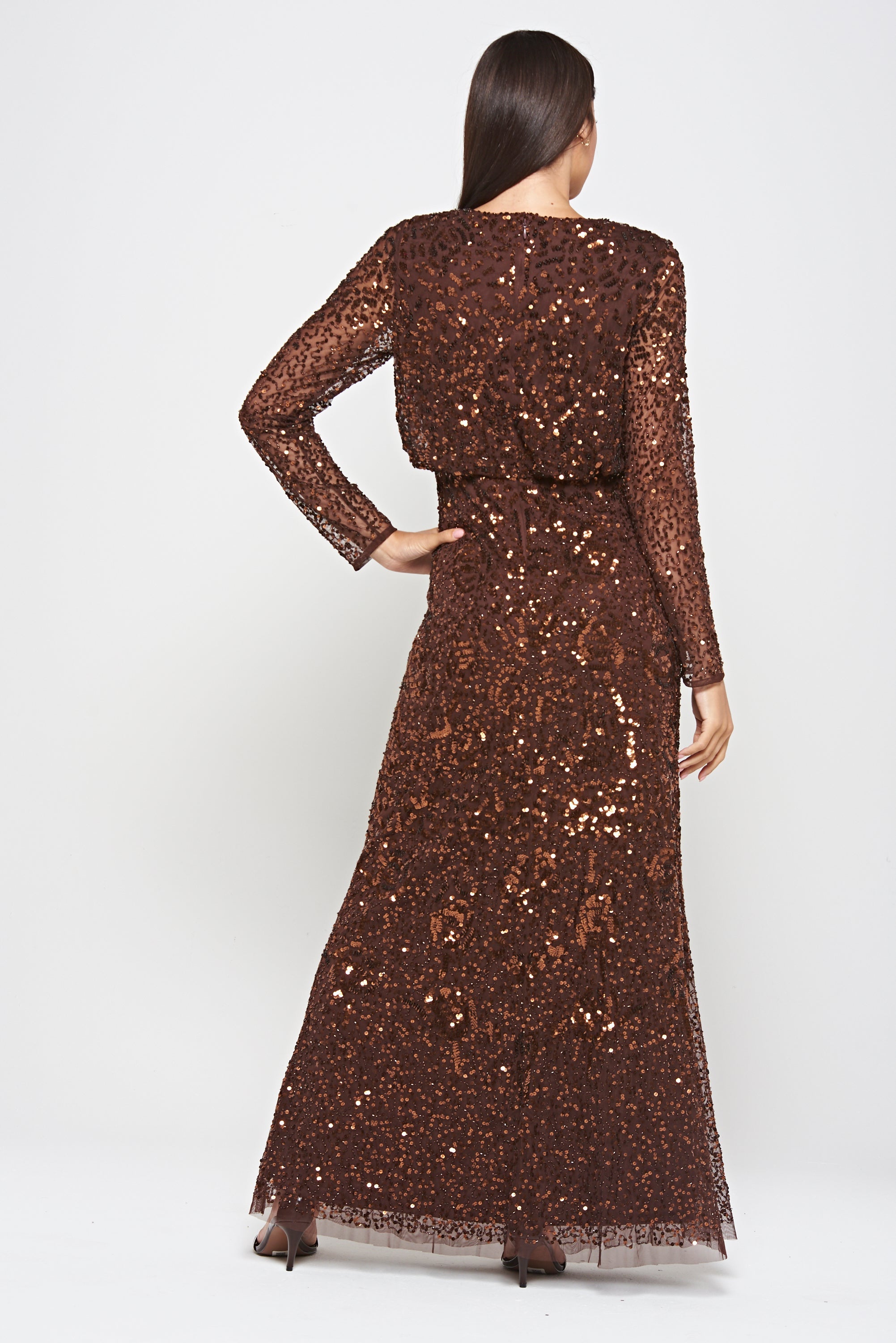 Allegro long sleeve sequin maxi dress in chicory coffee brown