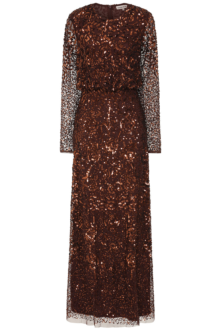 Allegro long sleeve sequin maxi dress in chicory coffee brown