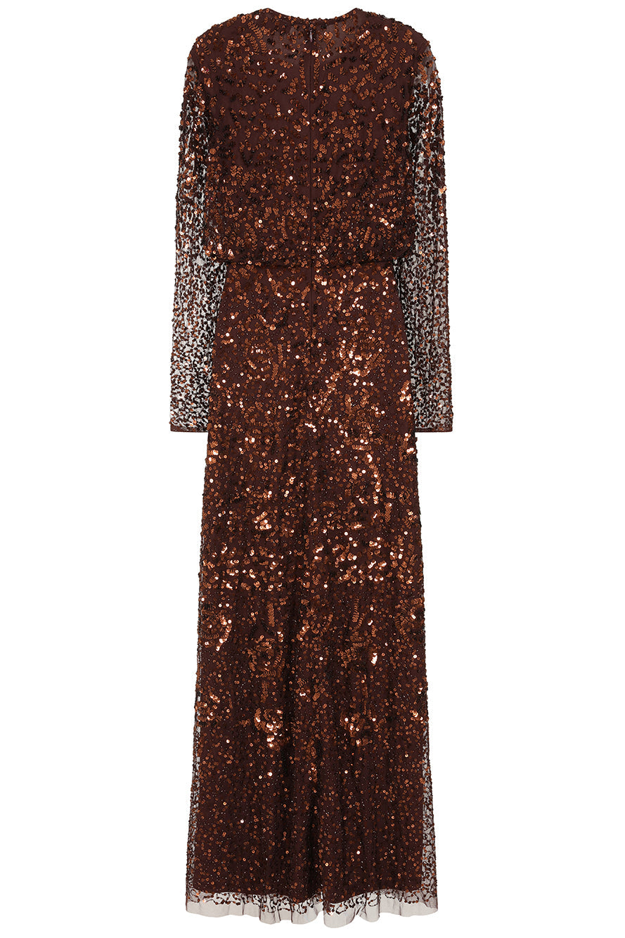 Allegro long sleeve sequin maxi dress in chicory coffee brown