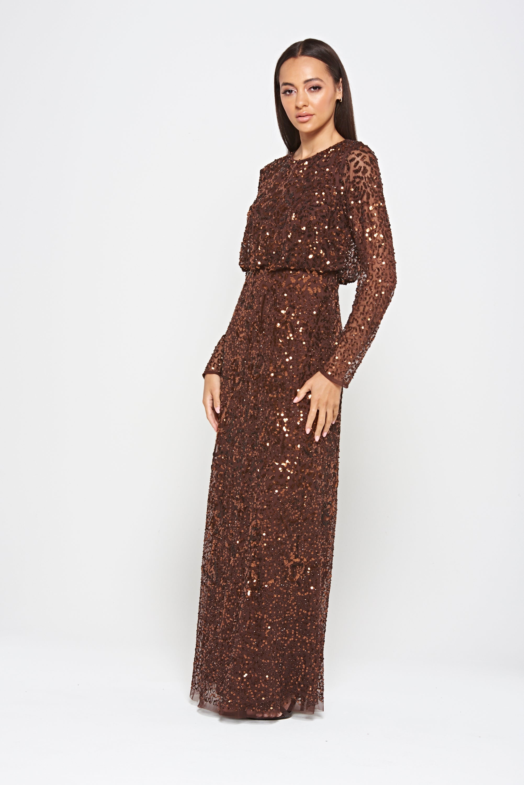 Allegro long sleeve sequin maxi dress in chicory coffee brown