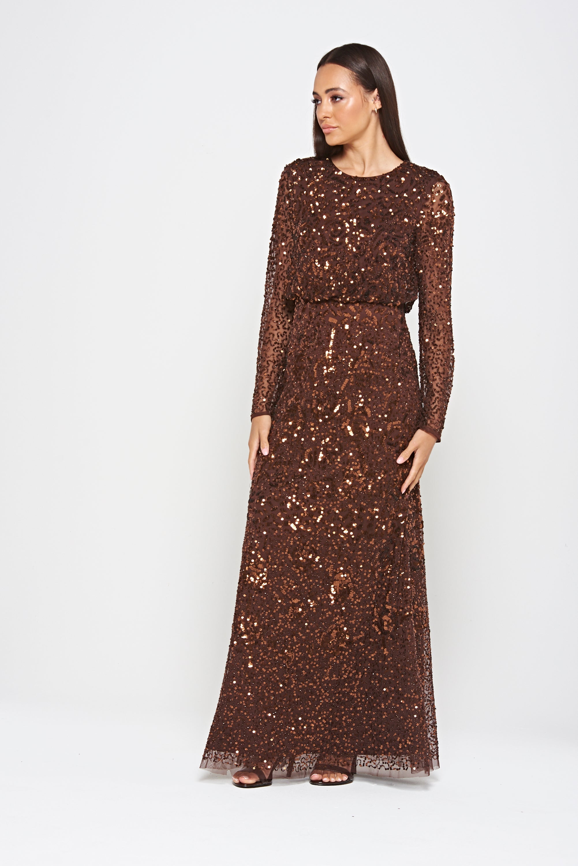 Allegro long sleeve sequin maxi dress in chicory coffee brown