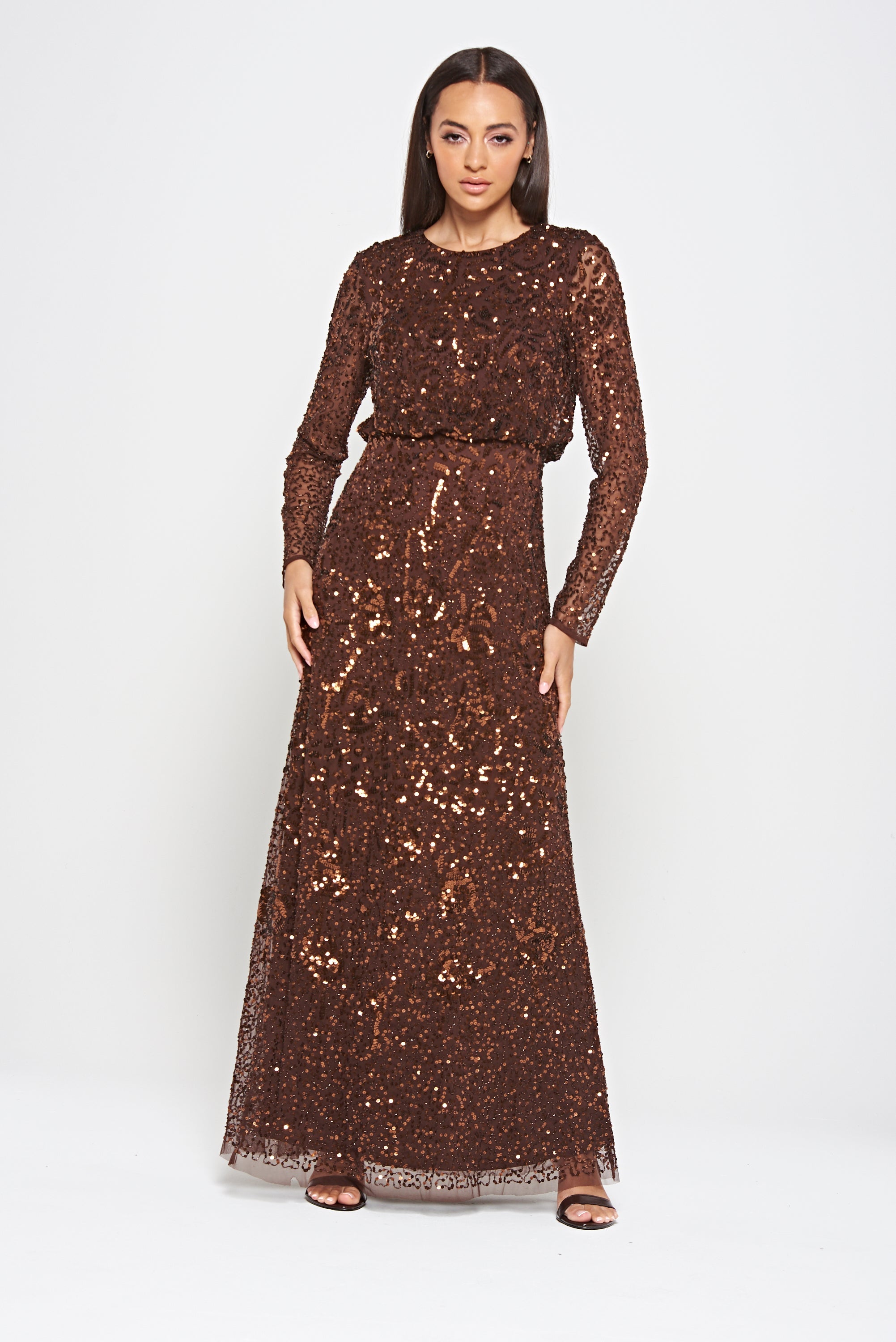 Allegro long sleeve sequin maxi dress in chicory coffee brown