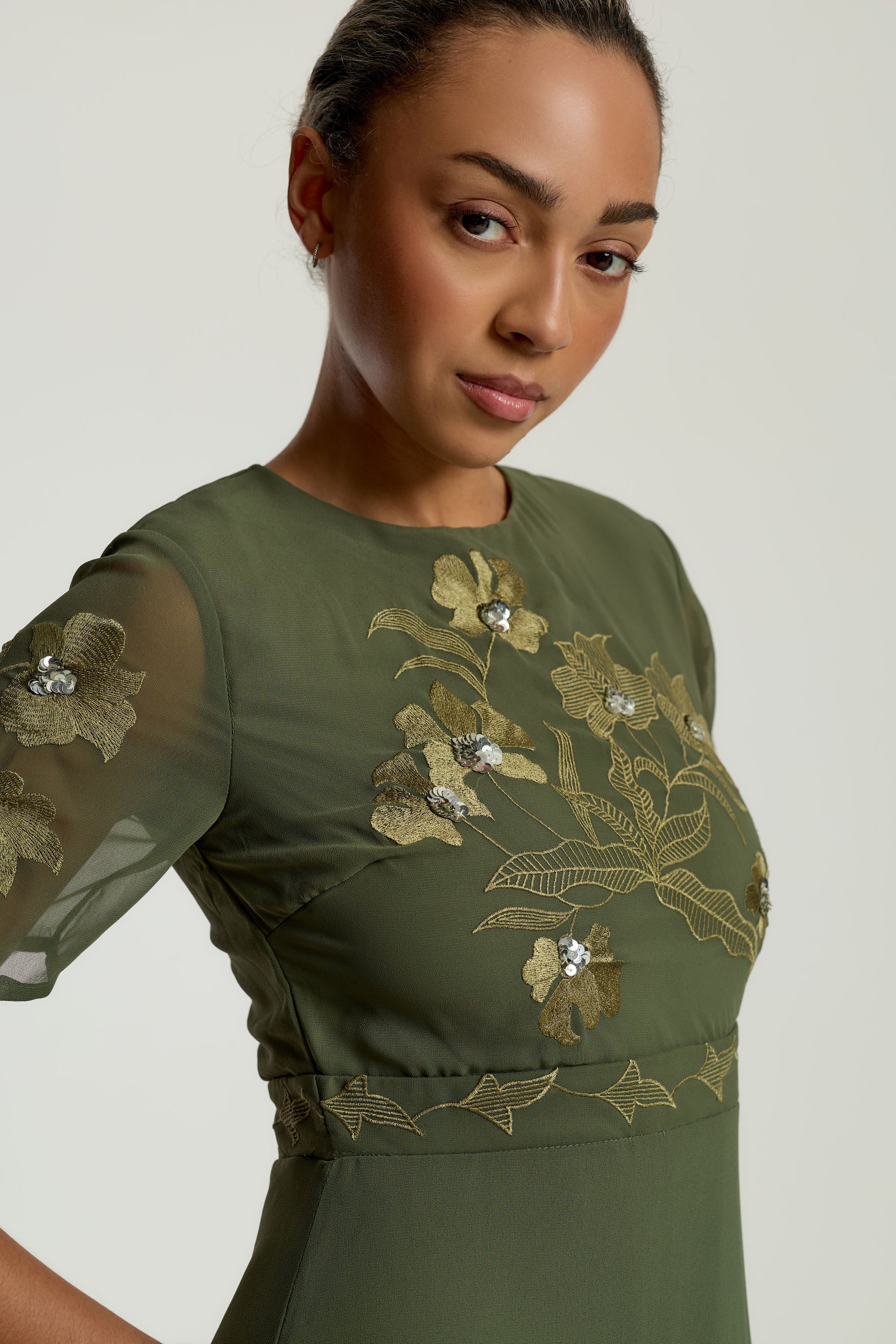 Aluma Olive Green Embroidered Midaxi Dress