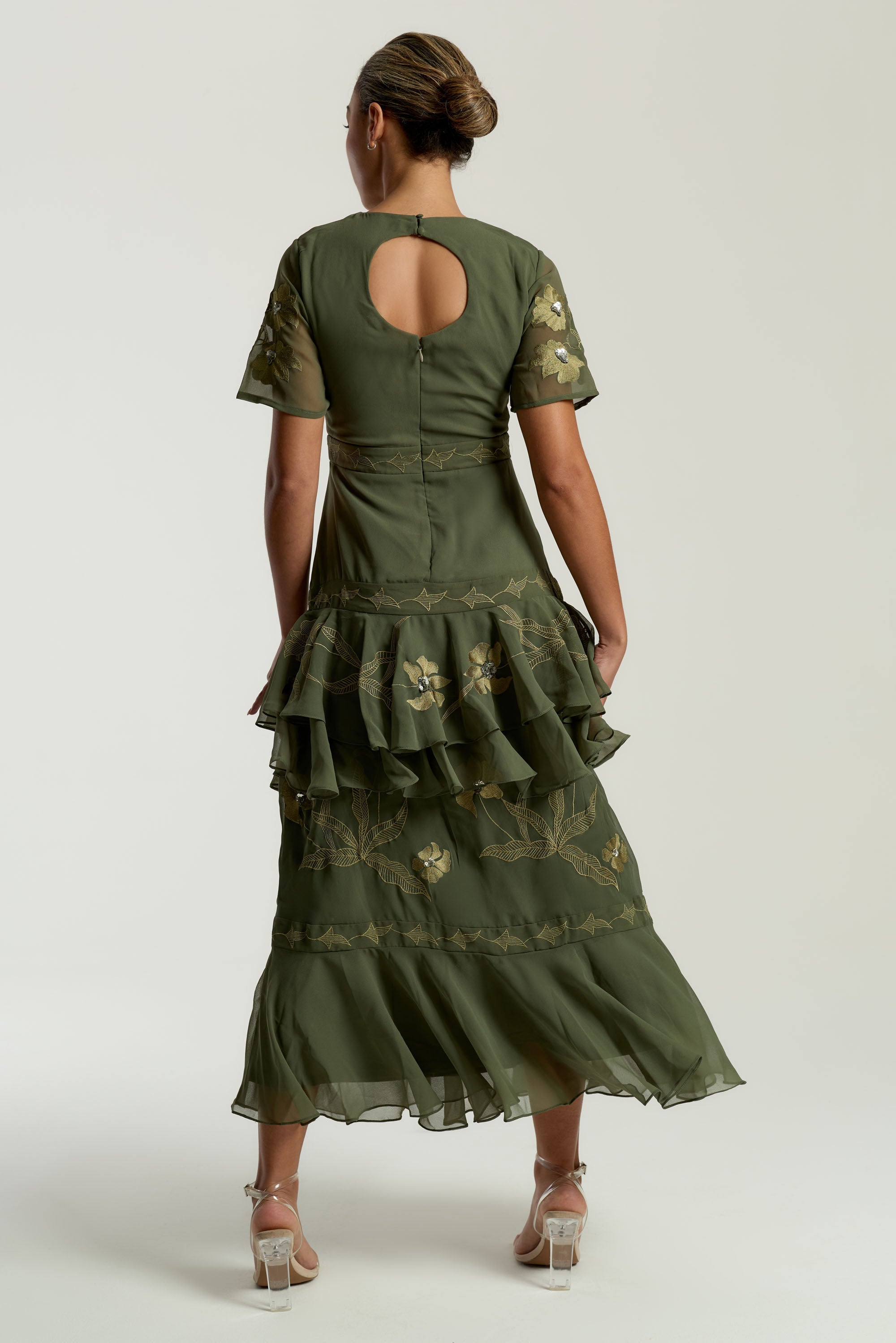 Aluma Olive Green Embroidered Midaxi Dress