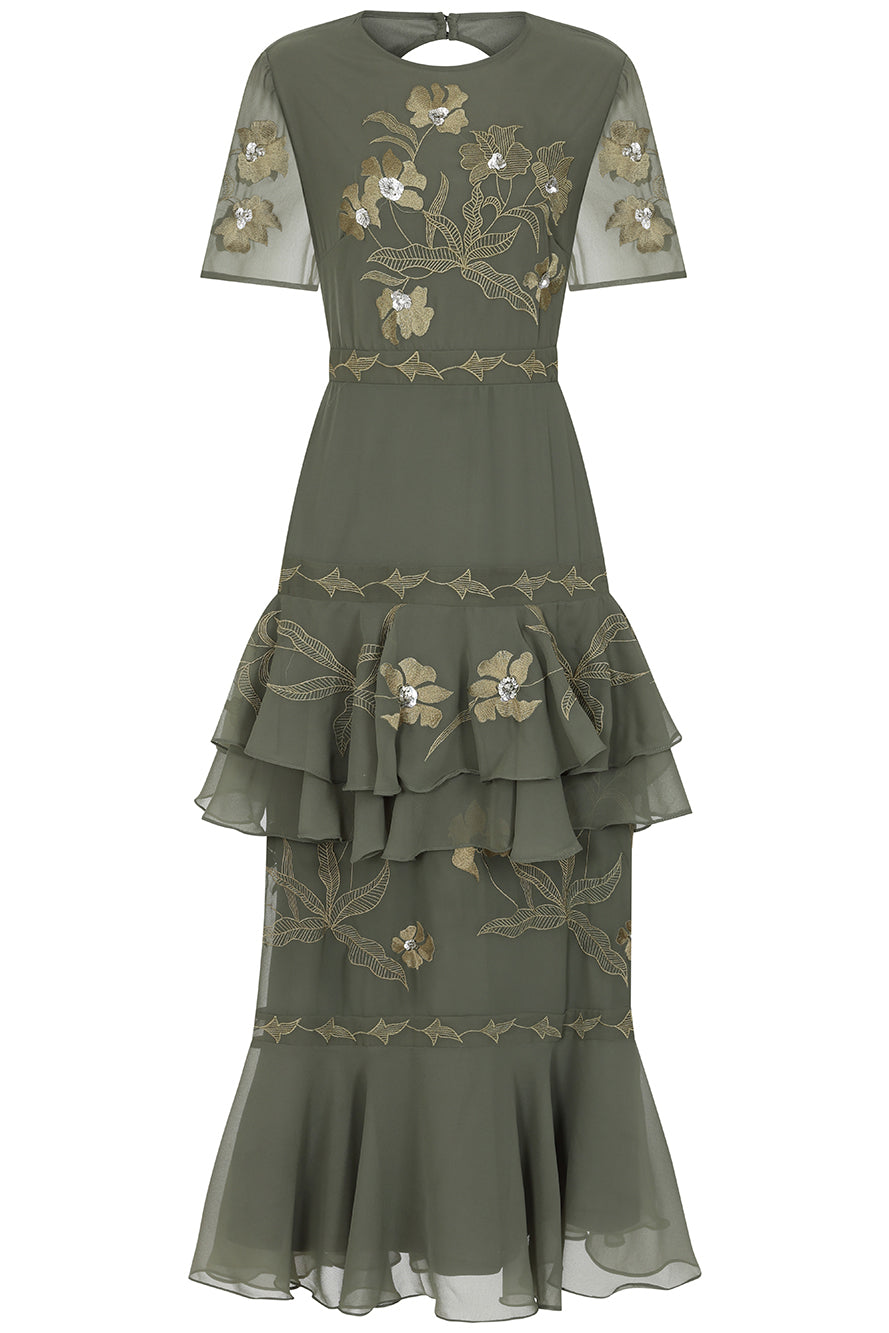 Aluma Olive Green Embroidered Midaxi Dress