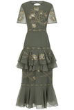 Aluma Olive Green Embroidered Midaxi Dress
