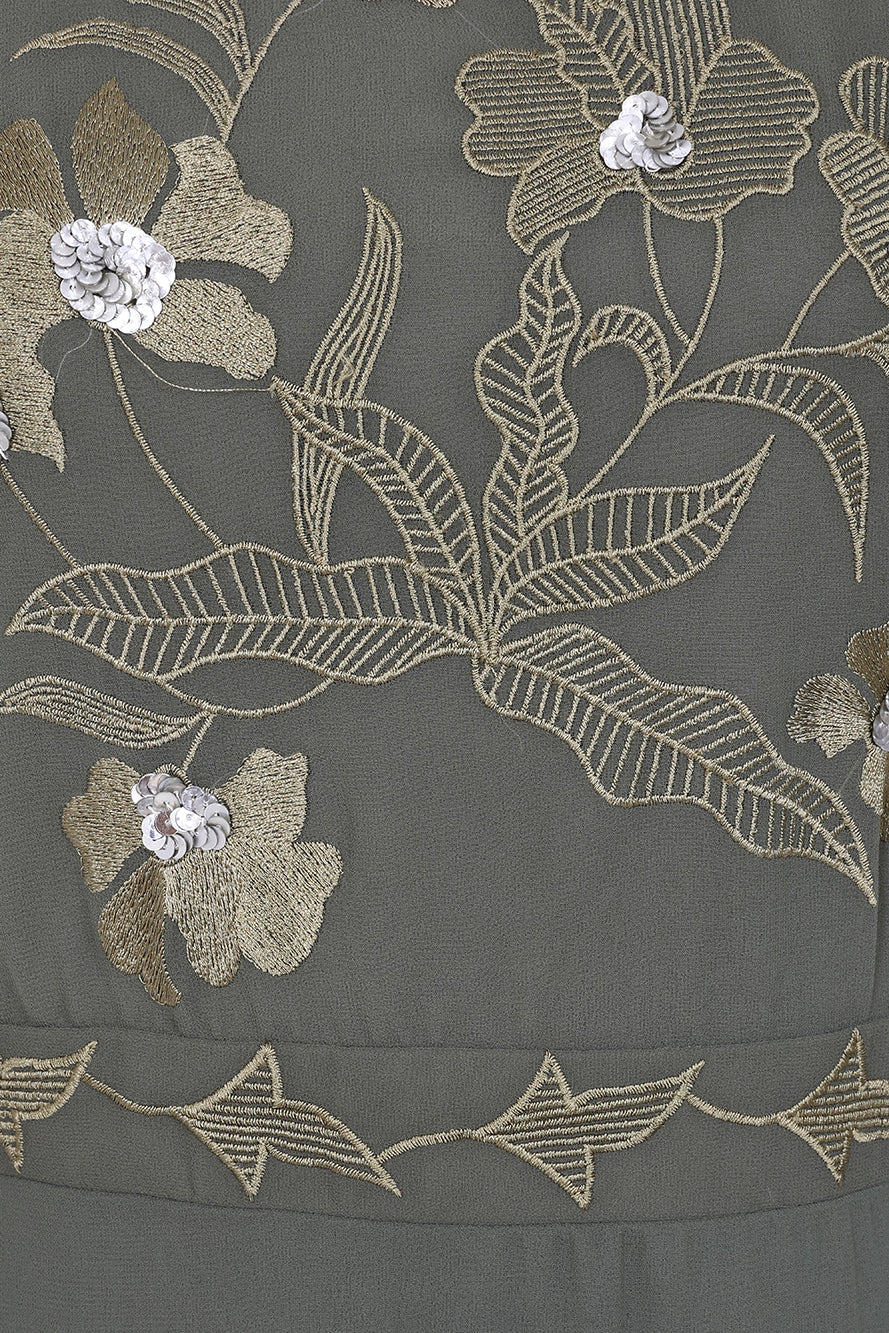 Aluma Olive Green Embroidered Midaxi Dress