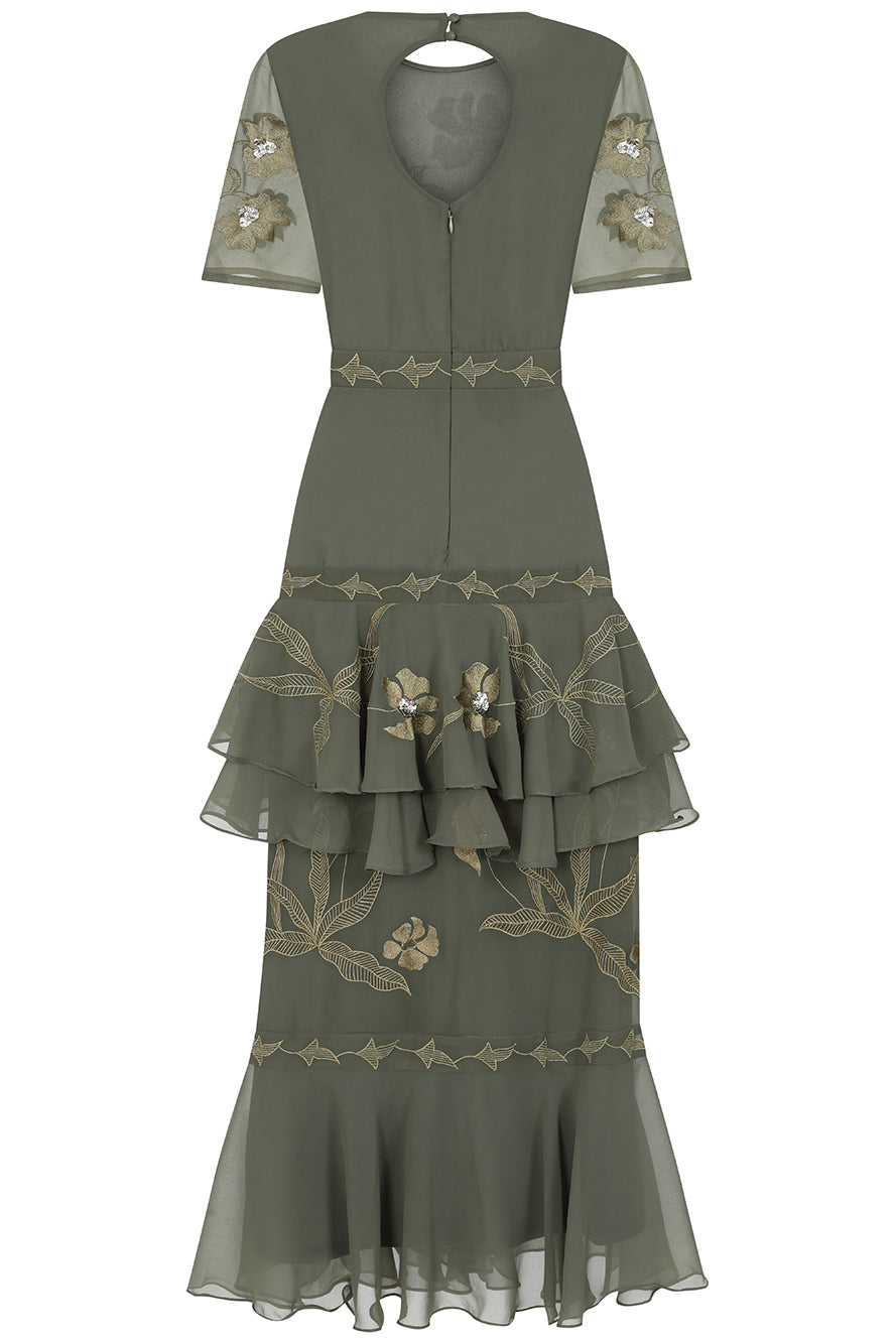 Aluma Olive Green Embroidered Midaxi Dress