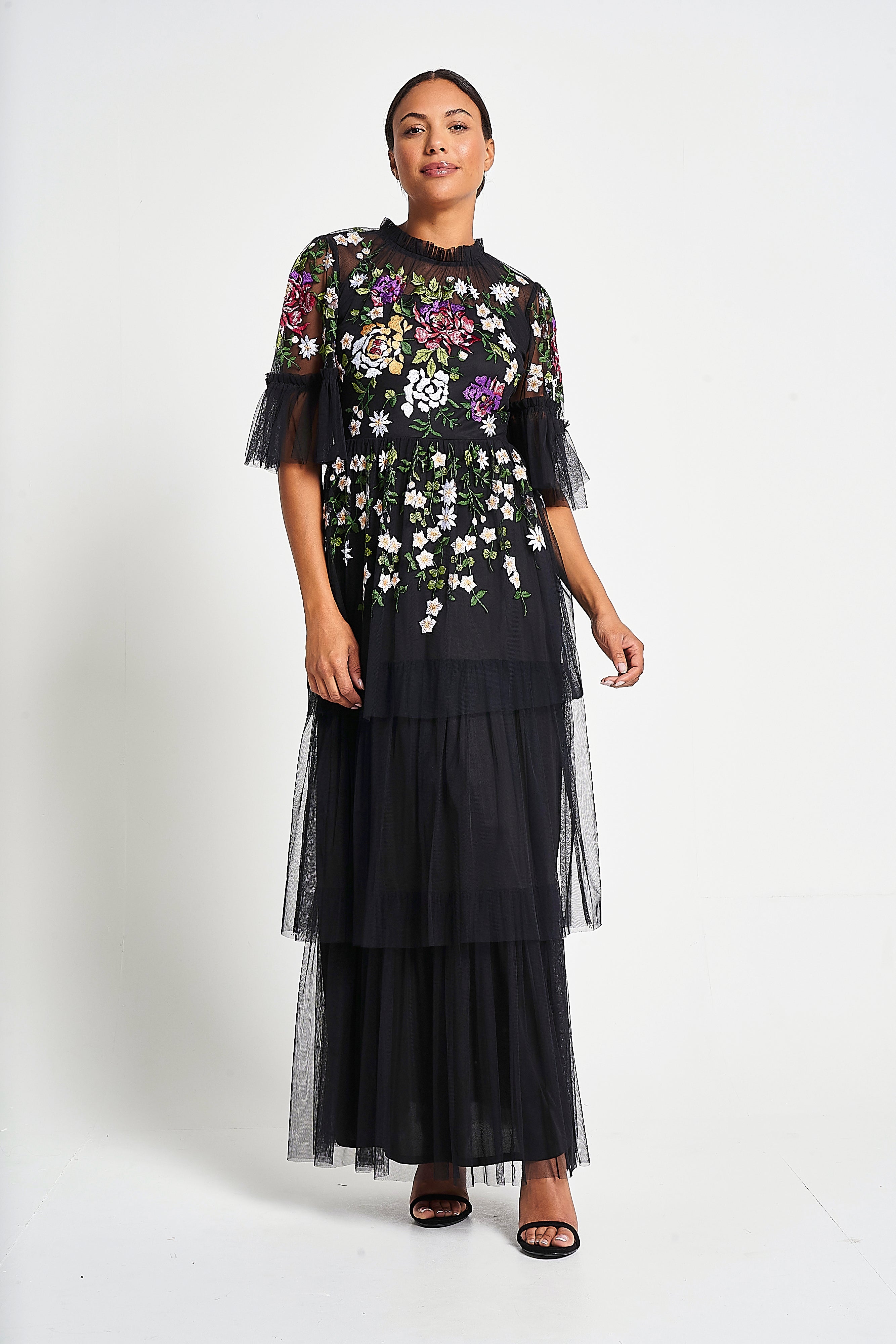 Amanda Black Floral Embroidered Maxi Dress