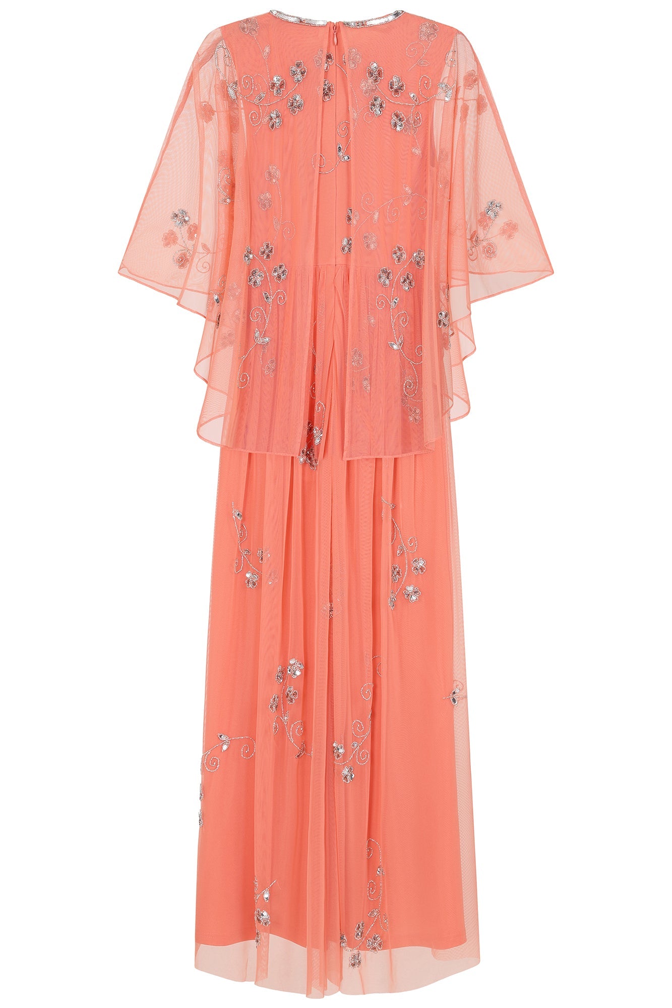 Amarilis Coral Embellished Cape Detail Maxi Dress