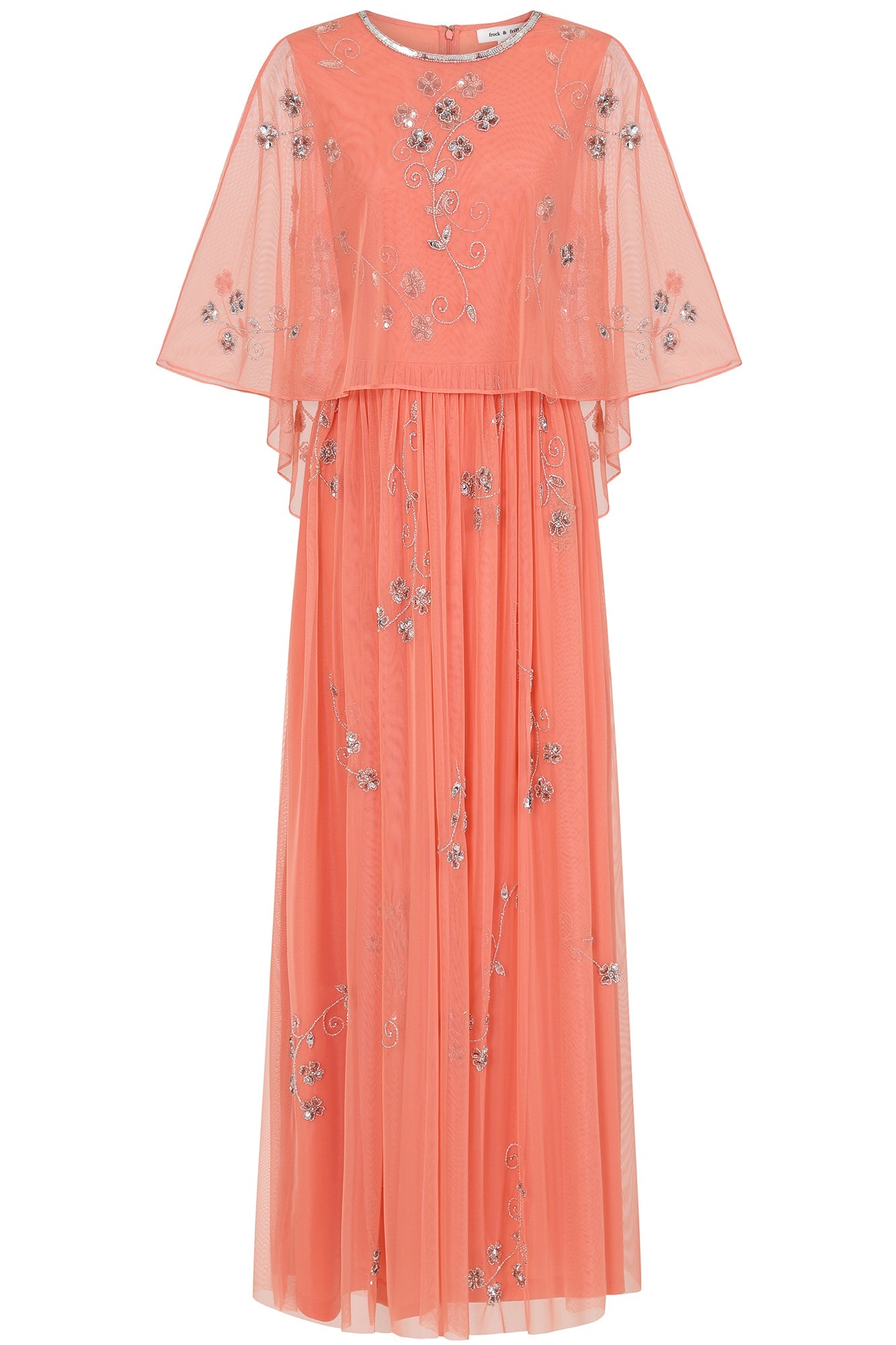 Amarilis Coral Embellished Cape Detail Maxi Dress