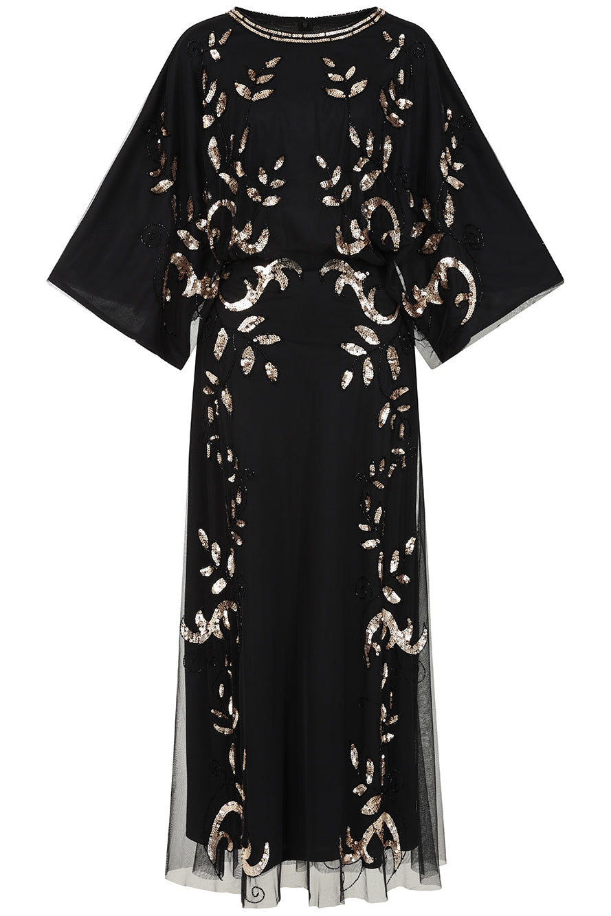 Black maxi dress with gold sequin floral embellishment, flowing sheer sleeves and full-length silhouette, Ambretta by Frock and Frill.