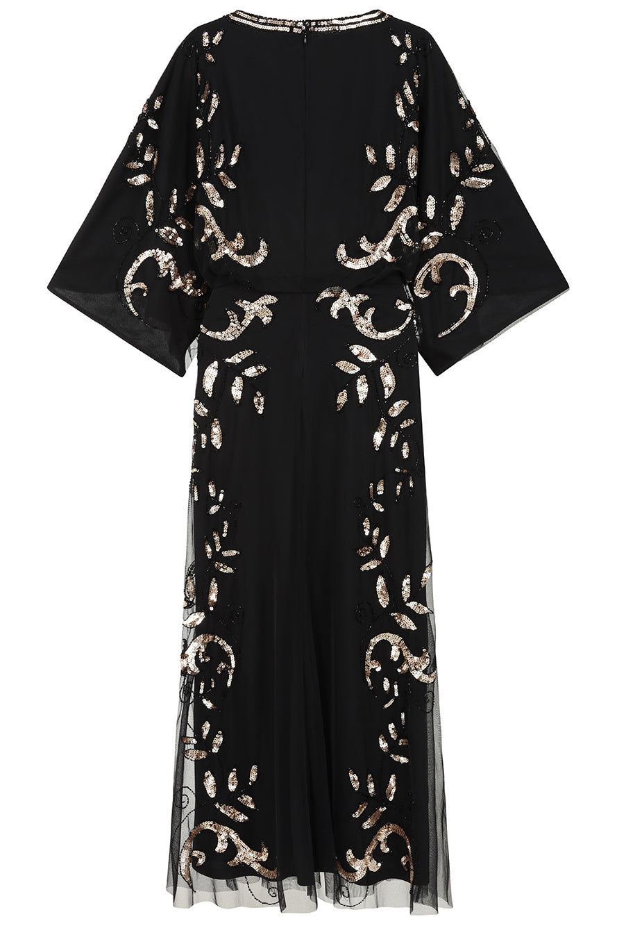 Black maxi dress with gold sequin floral embellishment, flowing sheer sleeves and full-length silhouette, Ambretta by Frock and Frill.