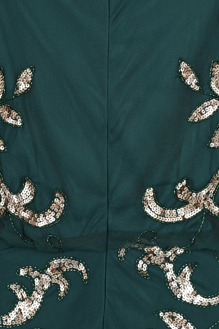 Frock and Frill Ambretta Embellished Midi Dress with elbow-length sleeves in rainforest green, featuring sparkling beadwork and a flowing elegant silhouette.