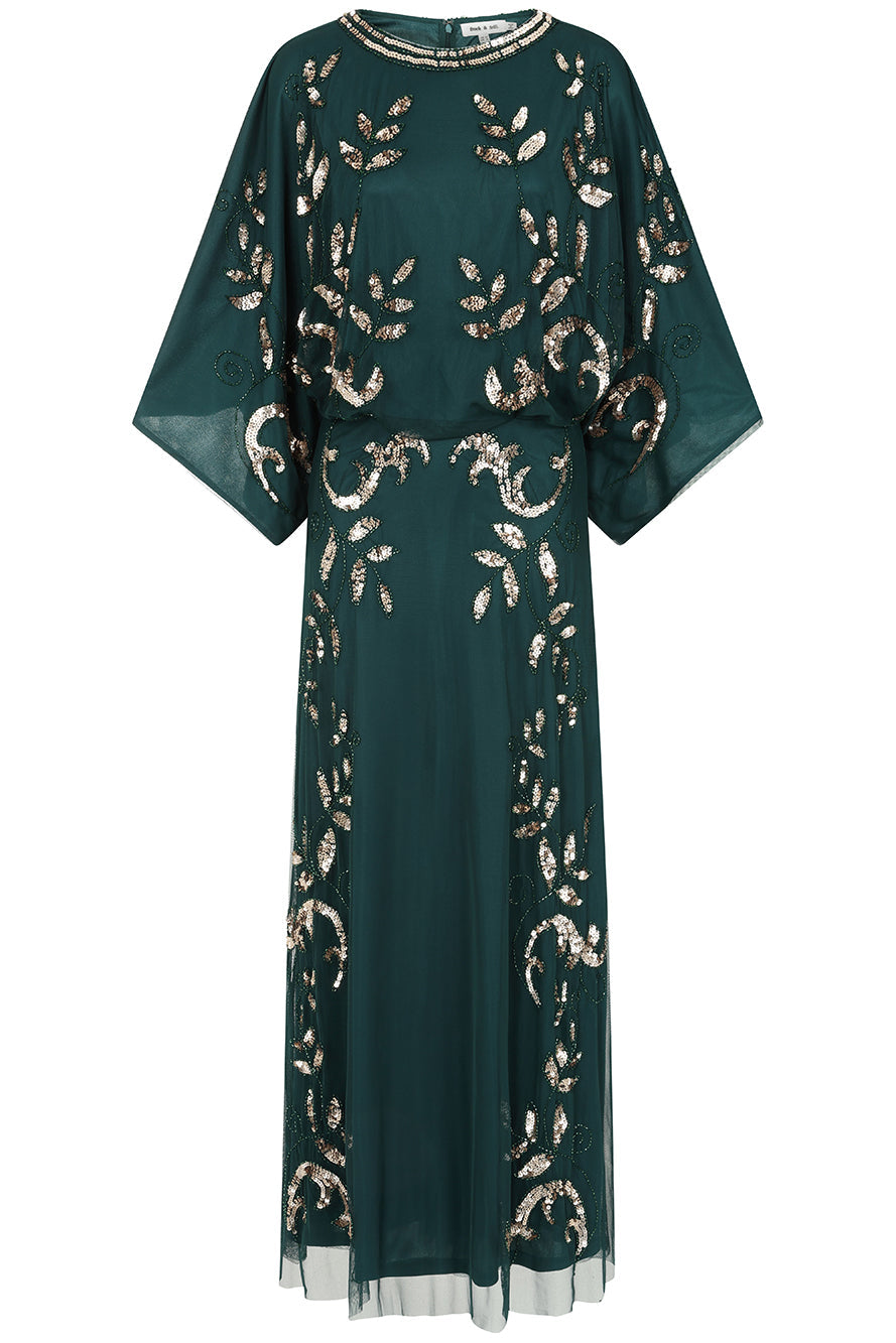 Frock and Frill Ambretta Embellished Midi Dress with elbow-length sleeves in rainforest green, featuring sparkling beadwork and a flowing elegant silhouette.