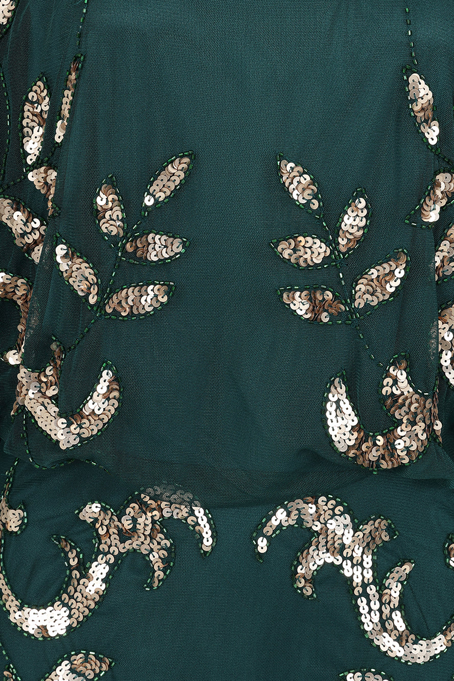 Frock and Frill Ambretta Embellished Midi Dress with elbow-length sleeves in rainforest green, featuring sparkling beadwork and a flowing elegant silhouette.
