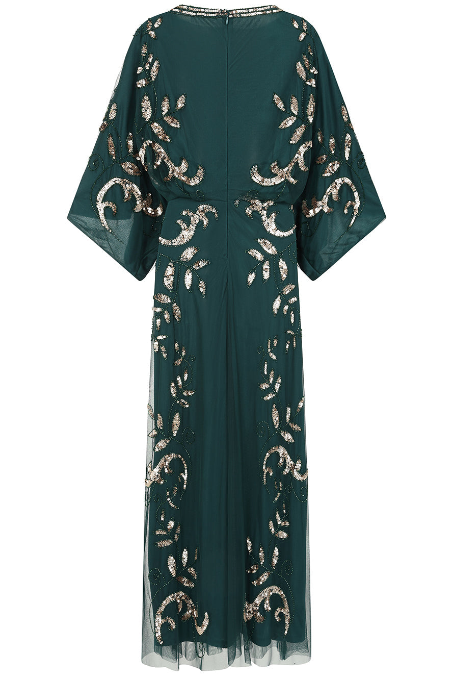 Frock and Frill Ambretta Embellished Midi Dress with elbow-length sleeves in rainforest green, featuring sparkling beadwork and a flowing elegant silhouette.