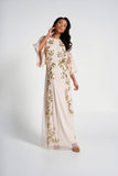 Ambretta Leaf Embellished Maxi Dress with Batwing Sleeves - Nude