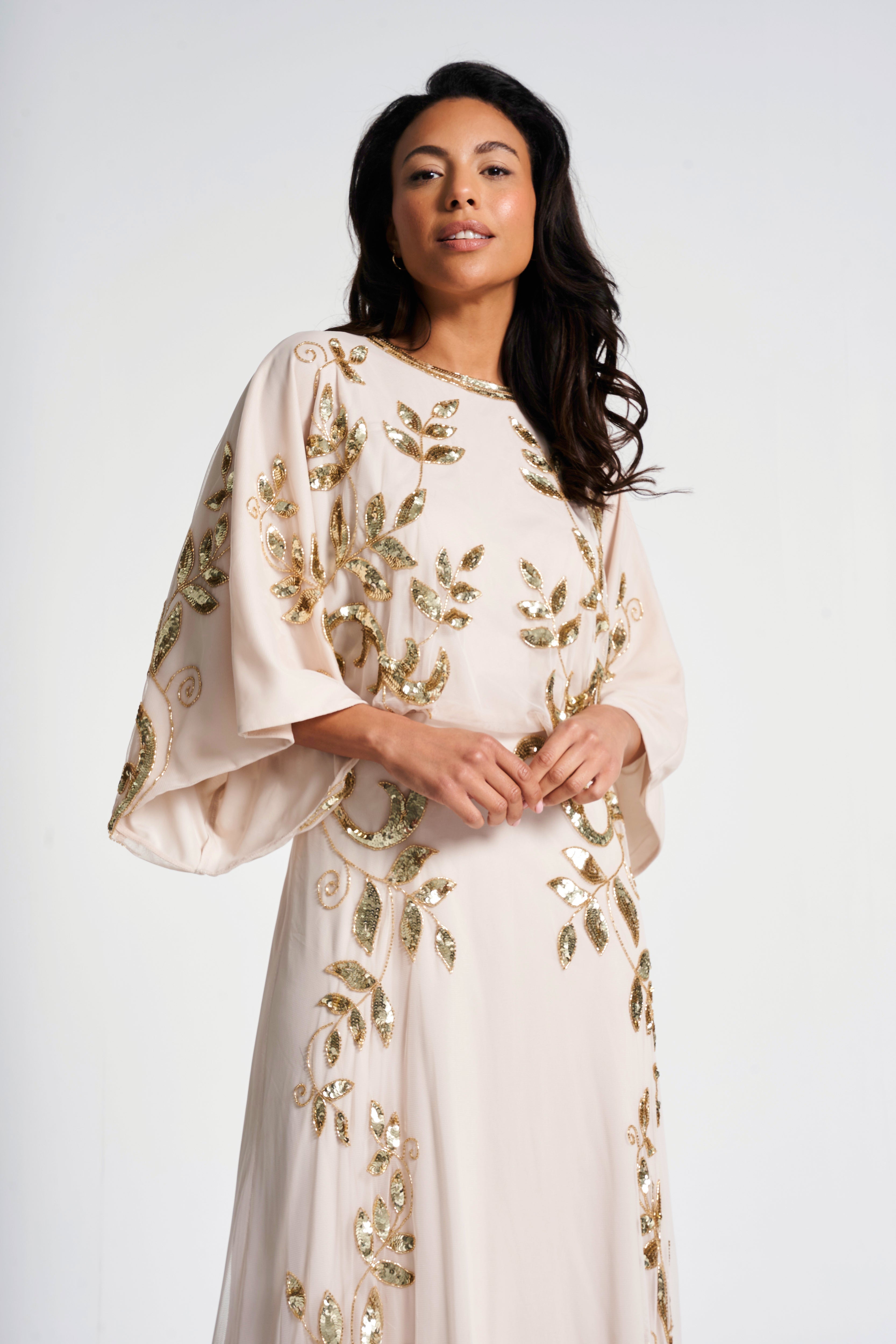 Ambretta Leaf Embellished Maxi Dress with Batwing Sleeves - Nude