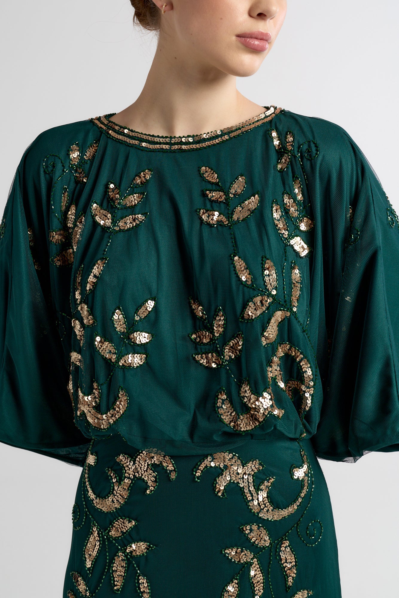Frock and Frill Ambretta Embellished Midi Dress with elbow-length sleeves in rainforest green, featuring sparkling beadwork and a flowing elegant silhouette.
