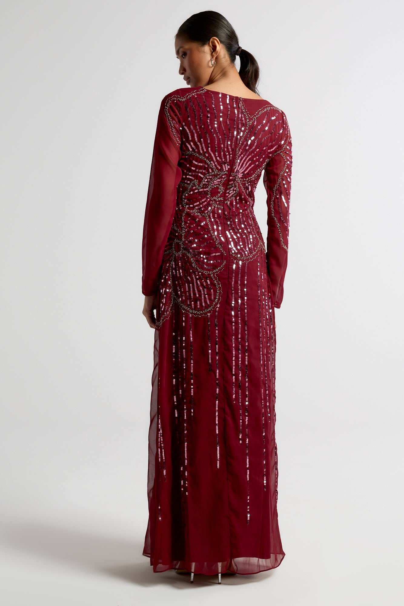 Amorette burgundy red embellished maxi dress with oversized floral bead detailing, modest long sleeves, flowing silhouette – Frock and Frill evening gown