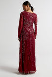 Amorette burgundy red embellished maxi dress with oversized floral bead detailing, modest long sleeves, flowing silhouette – Frock and Frill evening gown