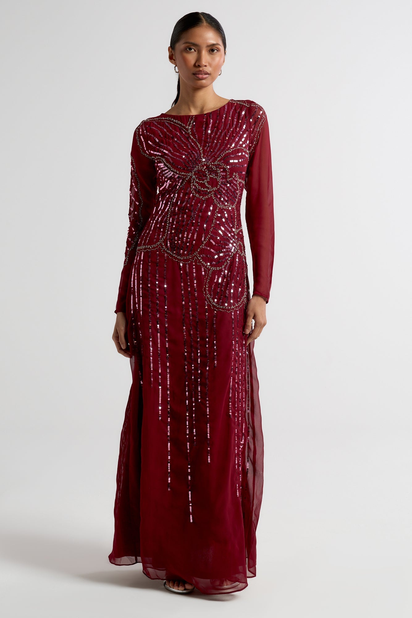Amorette burgundy red embellished maxi dress with oversized floral bead detailing, modest long sleeves, flowing silhouette – Frock and Frill evening gown
