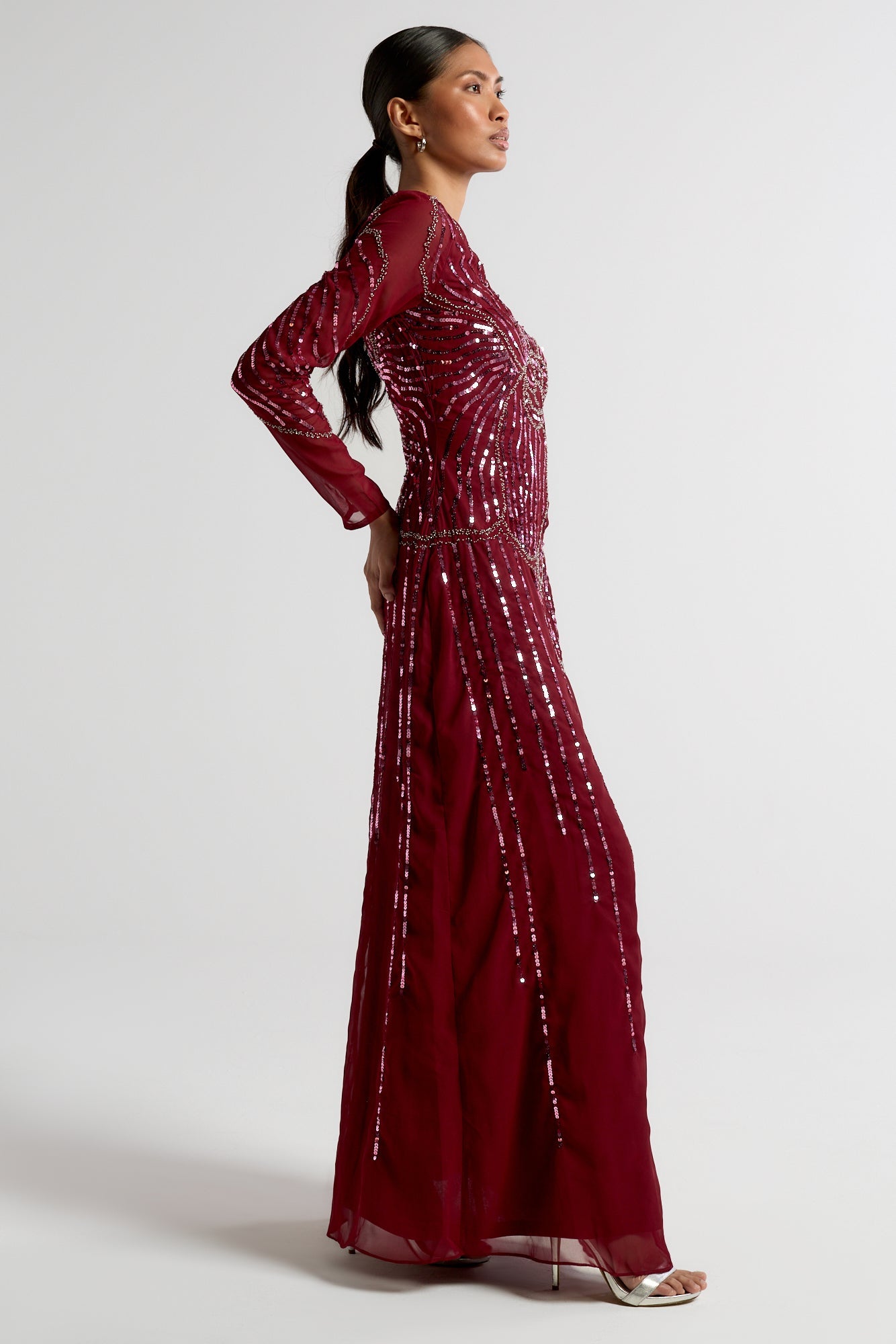 Amorette burgundy red embellished maxi dress with oversized floral bead detailing, modest long sleeves, flowing silhouette – Frock and Frill evening gown