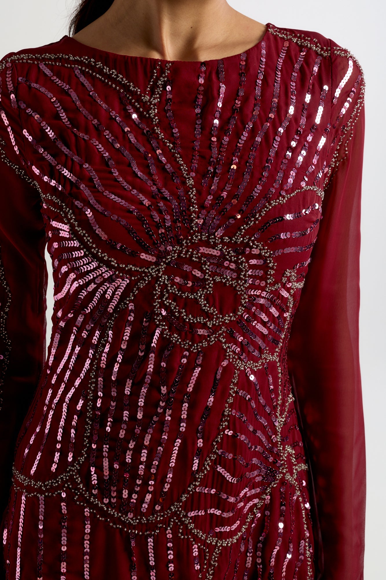 Amorette burgundy red embellished maxi dress with oversized floral bead detailing, modest long sleeves, flowing silhouette – Frock and Frill evening gown